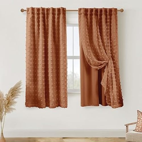 Rustic Retro Black Out Curtains 63 Inch Long for Bedroom Windows,Room Darkening Boho Terracotta Fun Pattern Funky Blackout Lined with Sheer Curtains 63 Inch Length for Living Room 2 Panels Set