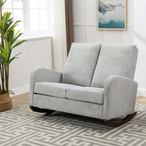 Rocking Chair with Oversized Wing Back,Extra Wide Rocking Loveseat,Mid Century Upholstered Glider Chair,Armchair for Living Room,Apartment,Weight Capacity 300 LBS,Light Gray