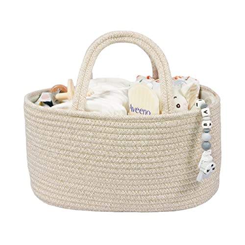 Baby Diaper Caddy Organizer for Girl Boy Cotton Rope Nursery Storage Bin Basket Portable Holder Tote Bag for Changing Table Car Travel Baby Shower Gifts Newborn Registry Must Have Items oatmeal