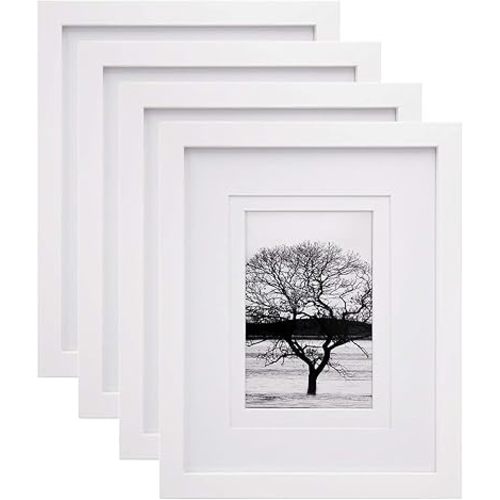Egofine 8x10 Picture Frames Set of 4, Made of Solid Wood Covered by Plexiglass 4x6 and 5x7 with Mat or 8x10' without Mat, for Table Top Display and Wall Mounting Photo Frame White