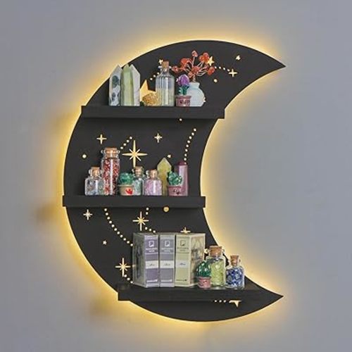 Crescent Moon Shelf with LED Light, Trinket Display Shelf & Moon Wall Light for Rocks Gems Healing Stones Crystals Display, Celestial Decor Crystal Holder Witchy Wall Decor