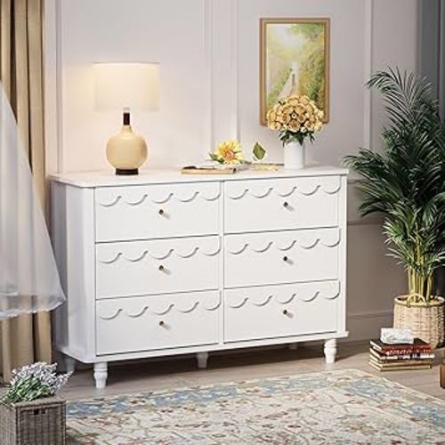 Anbuy Nursery Chests and Dresser for Kids Bedroom Wood Scalloped 6 Drawer Dresser, Dressers & Chests of Drawers with Metal Handles for Bedroom, Nursery, Hallway(White)