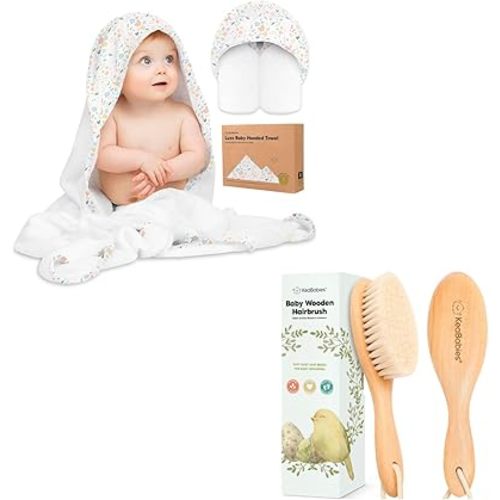 KeaBabies Baby Hooded Towel and Baby Hair Brush - Soft Bath Towels with Hood for Kids and Infant, Wooden Hairbrush with Soft Goat Bristles for Cradle Caps