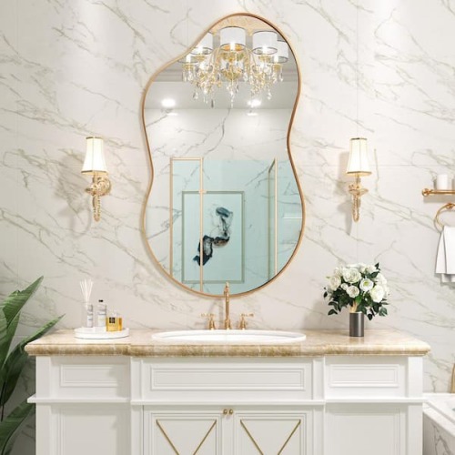 46 in. W. x 26 in. H Irregular Gold Aluminum Alloy Framed Wall Mirror Asymmetrical Mirror for Living Room, Bathroom