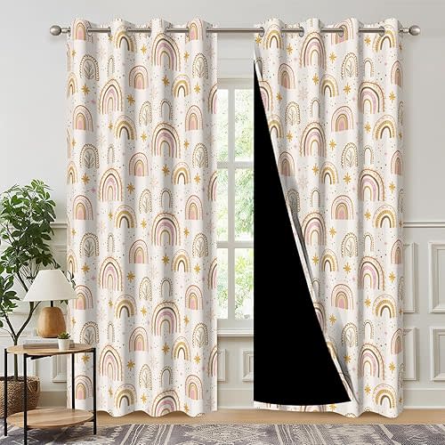 Boho Rainbow Curtains for Kids Bedroom, Cartoon Stars Leaves Blackout Window Curtains, Light Blocking Decor Drapes for Living Room with Grommets,2 Panels,Each W42 xL63