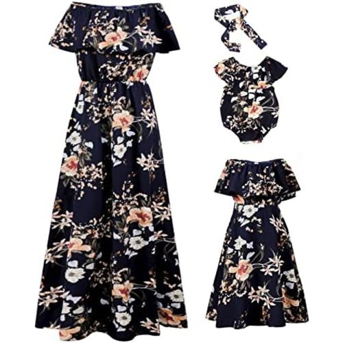 PopReal Mommy and Me Dresses Floral Printed Chiffon Bowknot Ruffles Short Sleeve Beach Mom Daughter Matching Outfits