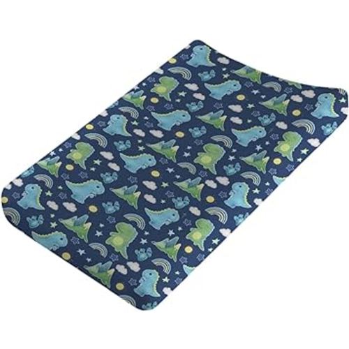 Dinosaur Rainbow Diaper Changing Pad Cover Sheets for Boy Girl 32''x16'' Cartoon Dino Sun Star Cactus Mountain Unisex Fitted Changing Table Covers Comfort Soft Breathable Baby Changing Table Mats Navy