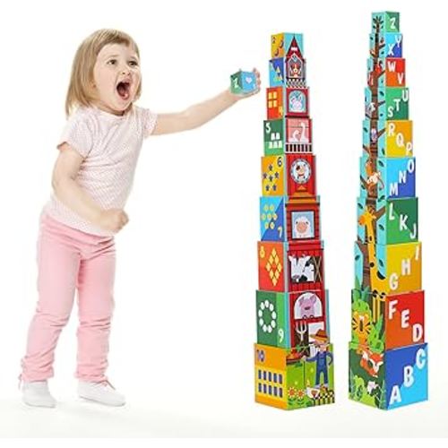 Animal Sorting and Stacking Blocks - Educational ABC & Numbers Toy for Babies and Toddlers - Montessori Learning Tower -10 Nesting Cubes Building Set - Ideal Gift for Boys & Girls