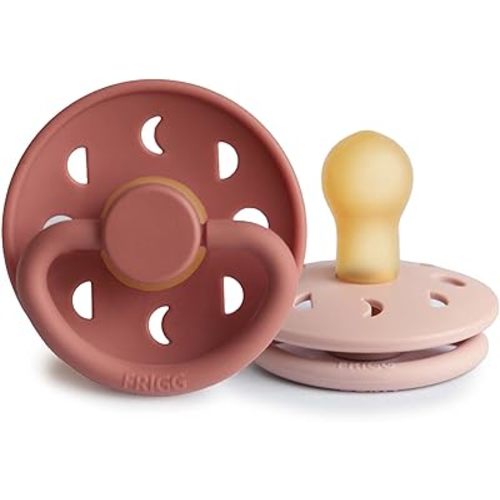FRIGG Moon Natural Rubber Baby Pacifier | Made in Denmark | BPA-Free (Blush/Powder Blush, 0-6 Months) 2-Pack