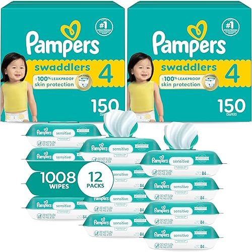 Pampers Swaddlers Disposable Baby Diapers Size 4, 2 Month Supply (2 x 150 Count) with Sensitive Water Based Baby Wipes 12X Multi Pack Pop-Top and Refill (1008 Count)