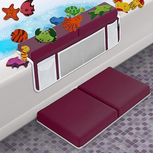 Supa Ant Baby Bath Kneeler and Elbow Rest Pad Set - The Only Certified Extra Thick Bathtub Kneeler with Built-in 5 Pockets Organizer - Bath Kneeling Pad for Bathing Baby with 6-Suction Cups (Bordeaux)