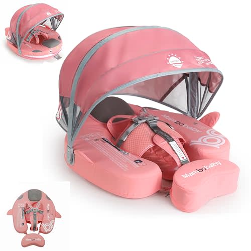 Luckclubtojoy Baby Float with Canopy Non Inflatable Mambobaby Float Pool Floats, Sun Protection Baby Swimming Float Add Tail Avoid Flip Over Swim Trainer for Infants (Narwhal Pink-H02NPCTLULNMA01H02)