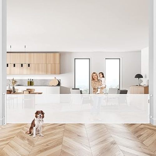 145 Inch Extra Wide Retractable Dog Gate for Extra Wide Openings Indoor Outdoor Mesh Baby Gate, White