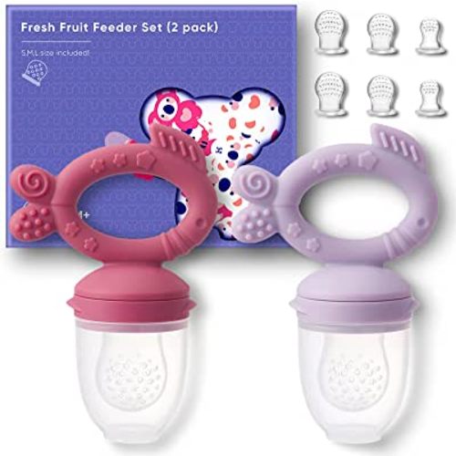 KoalaZoom Baby Fruit Feeder Pacifier Fresh Food Feeder (2 Count), Silicone Fruit Teether for Babies, Infant Fruit Teething Toy, Includes Additional Silicone Sacs, Ideal Baby Feeding Supplies