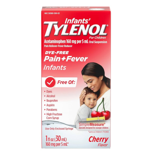 Infants' Tylenol Oral Suspension Liquid Medicine with Acetaminophen, Baby Fever Reducer & Pain Reliever for Minor Aches & Pains, Sore Throat, Headache & Teething Pain, Dye-Free Cherry, 1 fl. oz