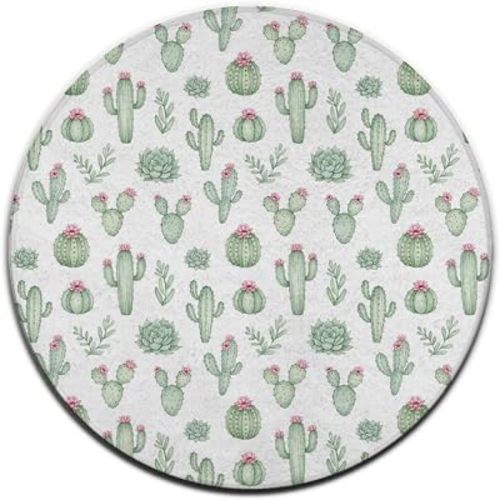 Fashion Round Area Rug Large Non Slip Carpet, Floral Cactus Succulents Unisex Home Decor Mat, 60inch