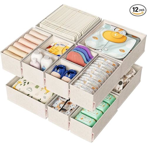 Cotton Linen Drawer Organizer for Baby Clothes, 12Pack Multi-Size Nursery Dresser Dividers for Clothes, Premium Foldable Storage Bins for Bedroom, Closet and Diaper Table, Beige