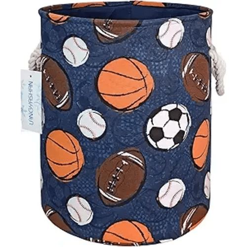 LANGYASHAN Laundry Basket Canvas Collapsible Organizer Storage Basket for Boys Girls Laundry Hamper Toy Bins Gift Baskets Bedroom Clothes Children Nursery (Navy Ball Game)