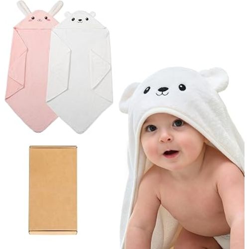 Baby Hooded Towel 2 Pack Bath Towels for Newborn with Animal Design Shower Essentials for Baby Girl Boy and Toddler (Pink & White, Medium)