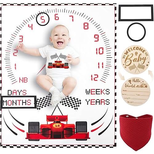 Guiqulai Racing Car Baby Monthly Milestone Blanket for Boys Flannel Blanket Newborn Infant Swaddle Baby Growth Blanket Photography Background with Wooden Signs,Frames,Bib