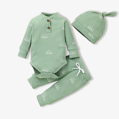 PatPat Newborn Baby Pajamas Boy Girl Clothes Cotton Ribbed Long Sleeve Romper and Pants Outfit Sets, 3-6 Months