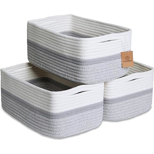 NaturalCozy 13.5”x8.5”x5.5” Storage Baskets for Shelves 3 Pack | Cotton Rope Woven Small Baskets for Organizing | Small Storage Bins for Nursery, Bathroom, Closet, Cube Shelf, Decorative, Gift
