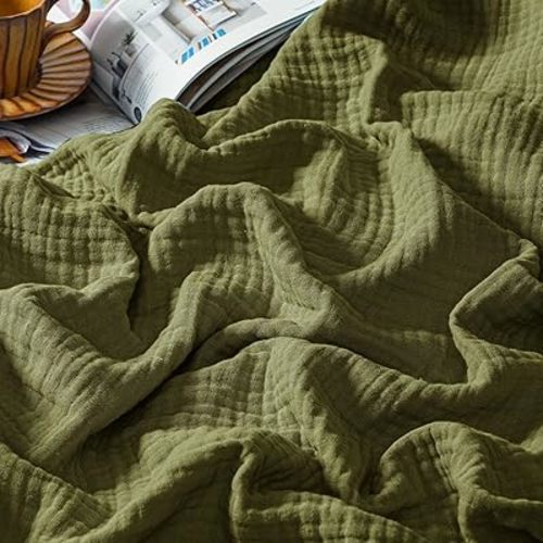 PHF 100% Cotton Muslin Blanket King Size 108" x 90", 4-Layer Lightweight and Breathable Blanket, Luxuriously Soft Gauze Bedding for Couch Bed, Ideal Gift Choice, Olive Green