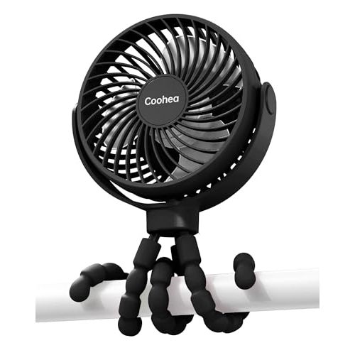 Coohea Stroller Fan Battery Operated Portable Fan USB Rechargeable Small Fan with Flexible Tripod Cooling Fan Clip on for Baby Stroller Car Seat Bike Golf Cart Beach Trip Outdoor, 3 Speeds Wind, Black