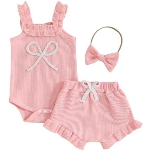 Newborn Infant Baby Girl Summer Outfits Bow Print Sleeveless Waffle Knit Romper Ruffle Shorts Headband 3Pcs Set