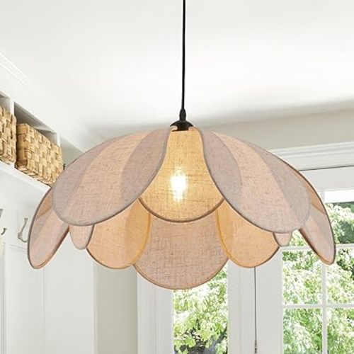 Large Flower Rattan Chandelier, 22in Boho Coastal Pendant Lights, Hand Woven Wicker Lighting Fixture, Hemp Rope Hanging Ceiling Lights for Kitchen Island, Dining Room, Living Room, Bedroom