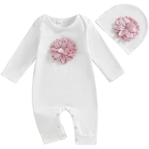 Infant Baby Girl 3D Floral Cotton One Piece Overall Romper with Hat Toddler Baby Long Sleeve Onesie Jumpsuit