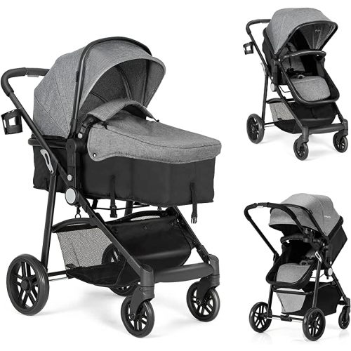 BABY JOY Baby Stroller, 2 in 1 Convertible Carriage Bassinet to Stroller, Pushchair with Foot Cover, Cup Holder, Large Storage Space, Wheels Suspension, 5-Point Harness (Gray)