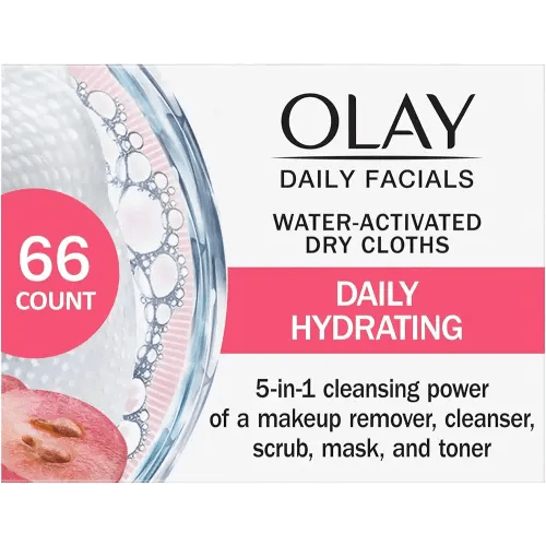 Olay Daily Facials, Daily Clean Makeup Removing Facial Cleansing Wipes, 5-in-1 Water Activated Cloths, Exfoliates, Tones and Hydrates Skin, 66 count