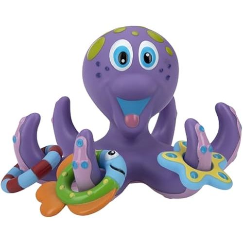 Nuby Floating Purple Octopus Toy with 3 Hoopla Rings - Baby Bath Toy for Boys and Girls 18+ Months