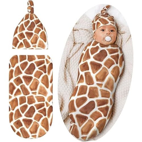 Giraffe Print Baby Stuff Swaddle Blanket Hat Set for Boys Girls, Soft Funny Animal Skin Newborn Swaddle Wrap Receiving Blanket Shower Gift