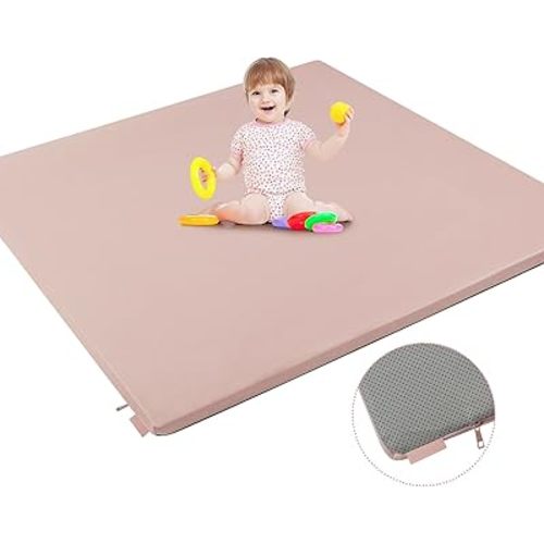 Padded Baby Play Mat, Super Soft Vegan Leather Floor Mat for Baby Girls and Boys, 48x48 Non-Slip Thick Foam Cushioned Play Mat for Babies 6-12 Months, Fits Nicely Into 50x50 Playpen Mat, Pink