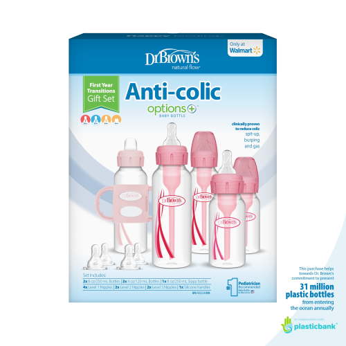 Dr. Brown's Natural Flow Anti-Colic Options+ First Year Baby Bottle Gift Set, Pink, BPA free, 0m+