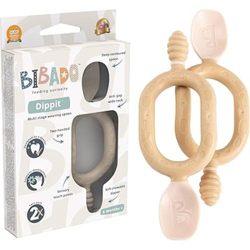 Bibado - Dippit Baby Spoon and Dipper, Fawn (2-Pack) - Soft, Chewable Dipper & Deep Spoon - Two-Hand, Sensory Grip - Toddler Utensils - Baby Led Weaning Supplies - Baby Essentials - 6 Months+