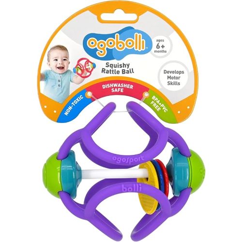 OgoBolli Teether Ring Tactile Sensory Ball and Baby Rattle Toy for Babies & Toddlers - Stretchy, Squishy, Soft, Non-Toxic Silicone - Boys and Girls Age 6+ Months - Purple