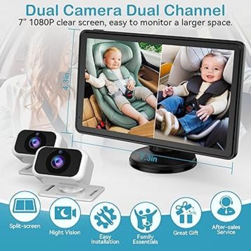 Amazon.com: pemacom Baby Car Camera for 2-Kids: 7 Inch IPS Display with Dual Carseat Cameras, Split Screen, Night Vision, HD 1080P - USB Powered Easy Install Rear Facing Backseat Camera for Twins : Baby