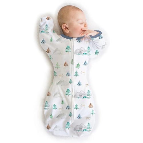 SwaddleDesigns Transitional Swaddle Sack, Arms Up Half-Length Sleeves & Mitten Cuffs, Swaddle for Newborn Transition to Baby Sleep Sack Wearable Blanket, 0-3 mo, 6-14 lb, Watercolor Mountains & Trees