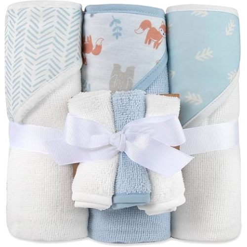 Hooded Baby Bath Towel and Washcloth 6 Piece Set for Newborns Infants & Toddlers, Boys & Girls Baby Hooded Towels (Forest Fun)