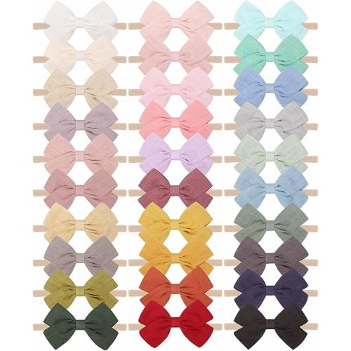 jollybows 30pcs Baby Girls Nylon Hair Bows Headbands Linen Bands Elastic Accessories for Kids Infants Newborn (3-30 PCS Solid Linen)
