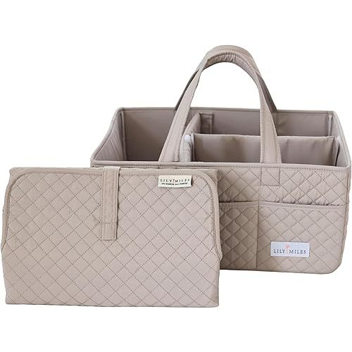 Lily Miles Quilted Diaper Caddy Organizer with Matching Changing Pad - Soft Sand