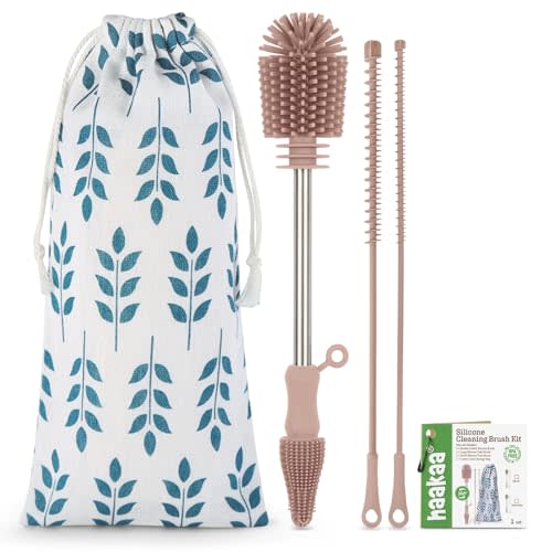 Haakaa Silicone Cleaning Brush Kit - Baby Bottle Brush Cleaner for Breast Pump,Nipple,Breast Milk Storage Bag,Reusable Straw,Sippy Cup - Food Grade Silicone Bristles, Portable - 3 Pcs - Pink