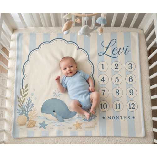 Personalized Whale Baby Milestone Blanket, Ocean Baby Shower Gift, Custom Monthly Milestone Blanket, Under the Sea Baby Boy Blanket