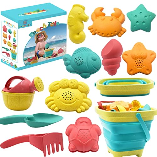 Beach Toys for Kids - Sand Toys Set Includes Collapsible Sand Bucket Shovel and Sand Rake Toy for Beach 12 PCS, Sandbox Toys Sandcastle Building Kit with Waterproof Net (A)