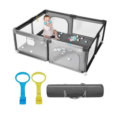 [Upgraded] dearlomum Baby Playpen, 71"x59" Extra Large Playard with Thickened Steel Pipes, Baby Activity Center with Gate & Toys, Sturdy Soft Mesh Safety Fence for Toddlers (Gray)