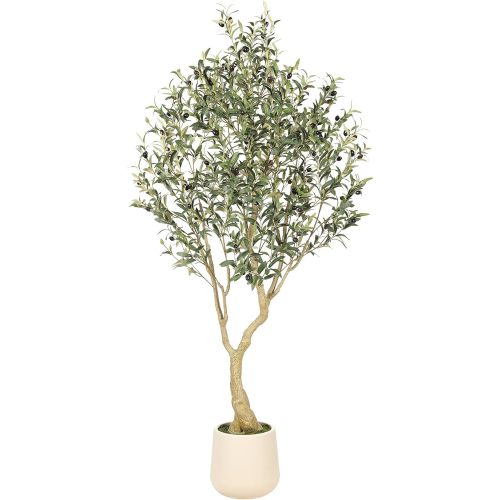 6ft Artificial Olive Tree with Tall Exquisite Planter | Realistic Faux Olive Tree with Thick Trunk and Lifelike Leaves - Large Fake Olive Tree for Home Living Room Office Decor