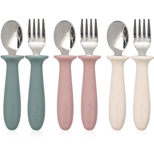 VITEVER 6 Pieces Toddler Utensils, Kids Silverware Set with Silicone Handle, Children Safe Spoons and Forks, 18/8 Stainless Steel, Food-grade Silicone - Dishwasher Safe - Gray/Green/Blue